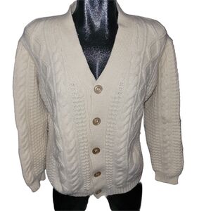 Vintage Panda Cream 100% Wool Cable Knit Button-Up Cardigan Sweater XL